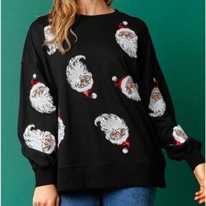 New-Women’s Size Large Christmas Santa Sequins Black French Terry Sweatshirt